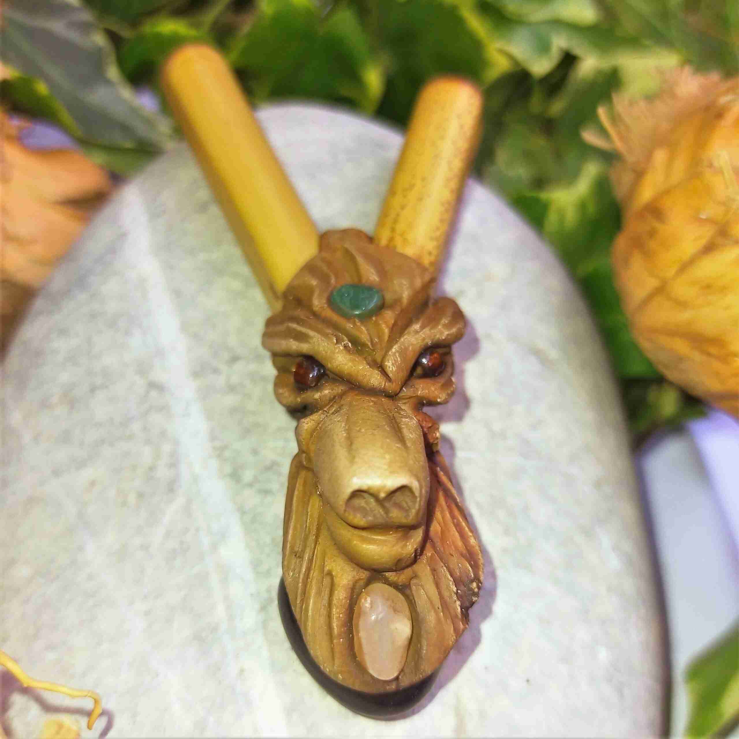 Kuripe Bambu Totem LUPO Amuleto con Pietre potenti
